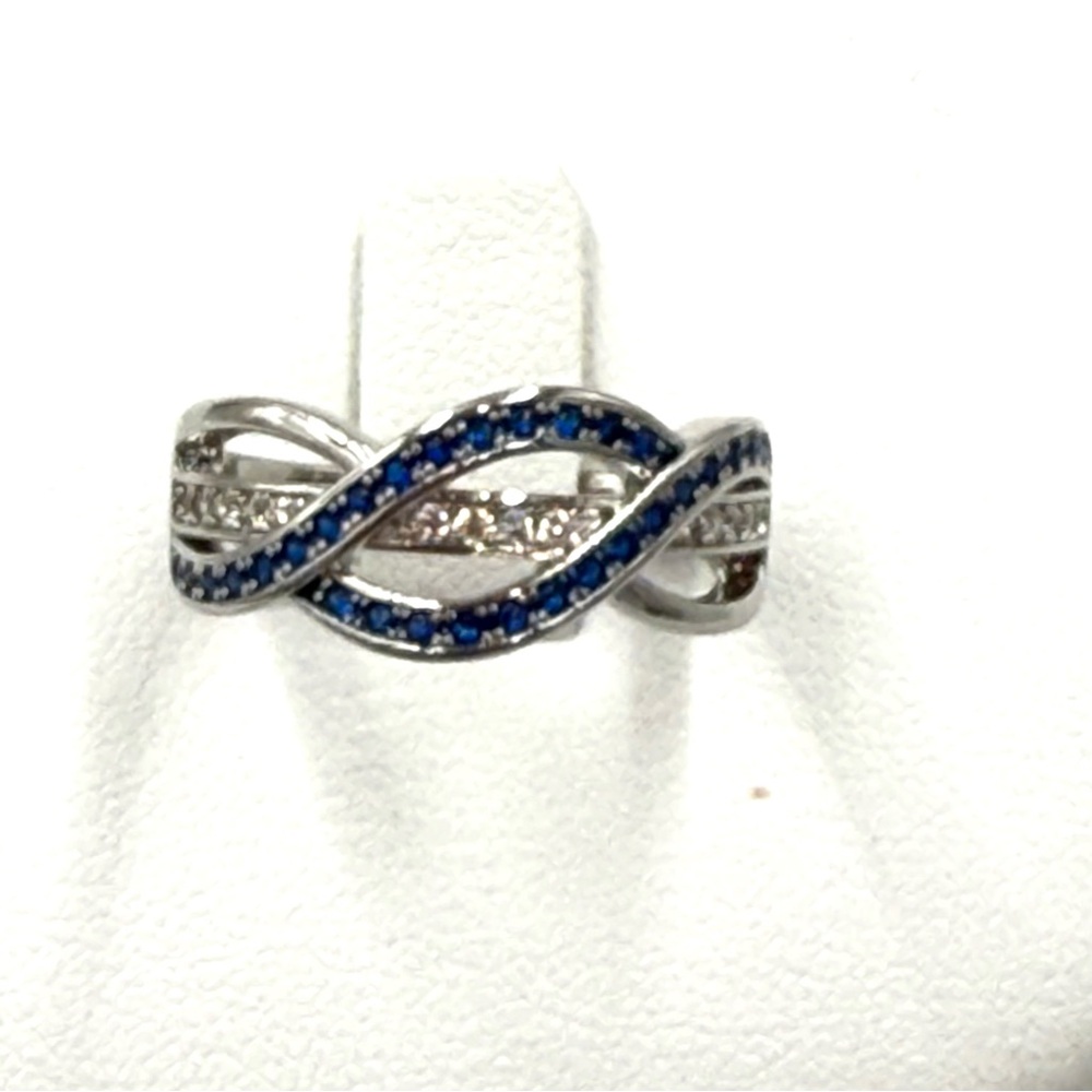 New Sterling Silver Blue & Diamond Double Wave Ring Size 8